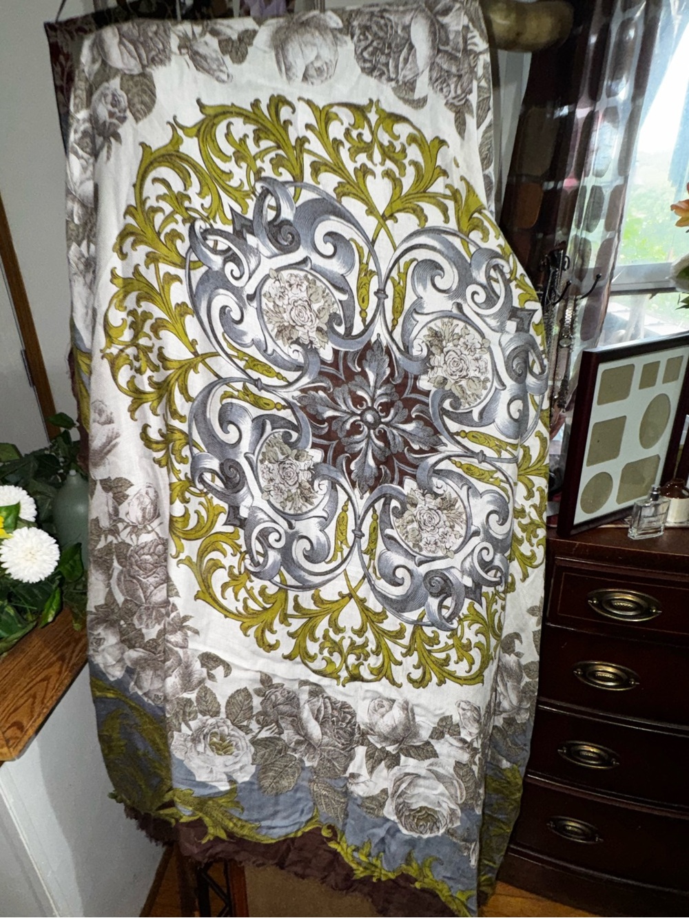 Vintage Diane Von Furstenberg Olive, Gray and Brown Ornate Medallion Wrap